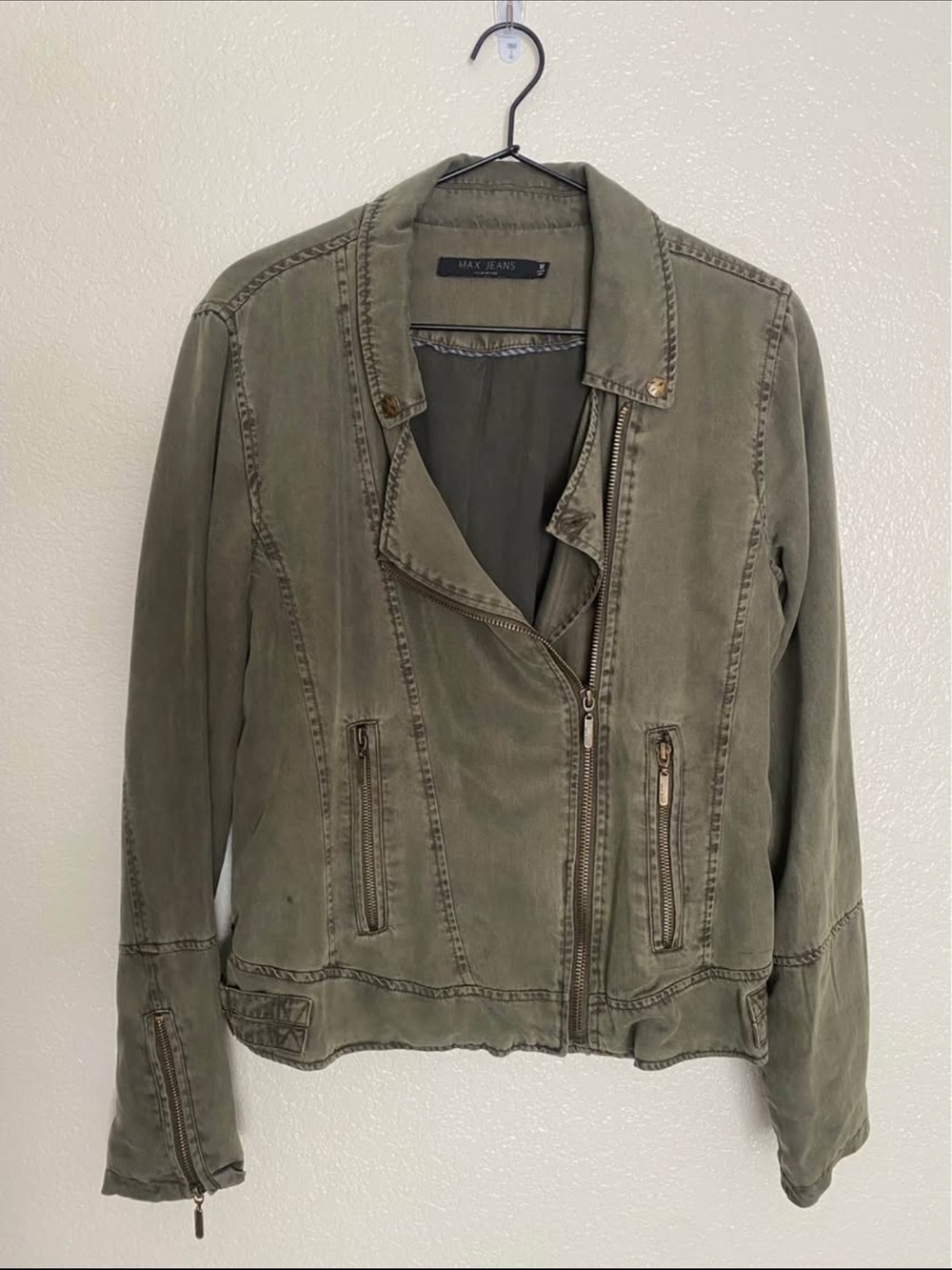 Max Jeans Washed Olive Utility Moto Jacket